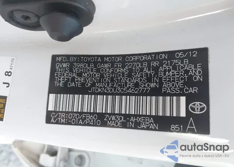 2012 Toyota Prius Two from USA, damaged, VIN JTDKN3DU3C5462777